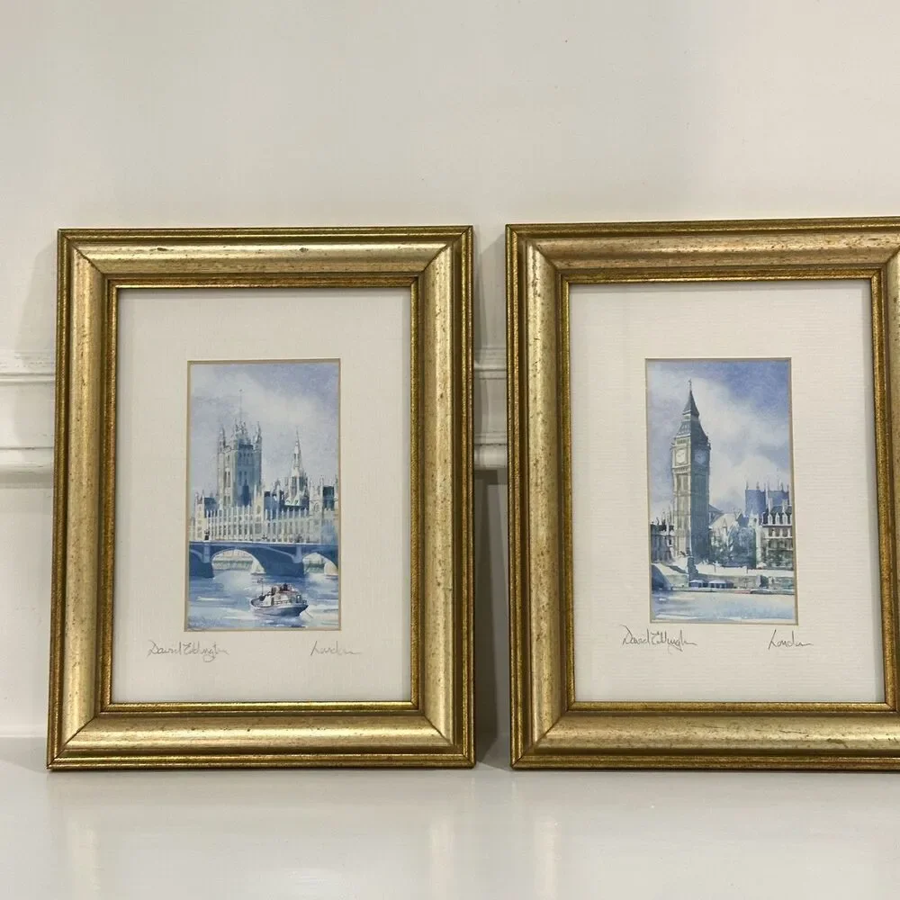 2 DAVID EDDINGTON vintage watercolour/lithograph of London Skyline Signed